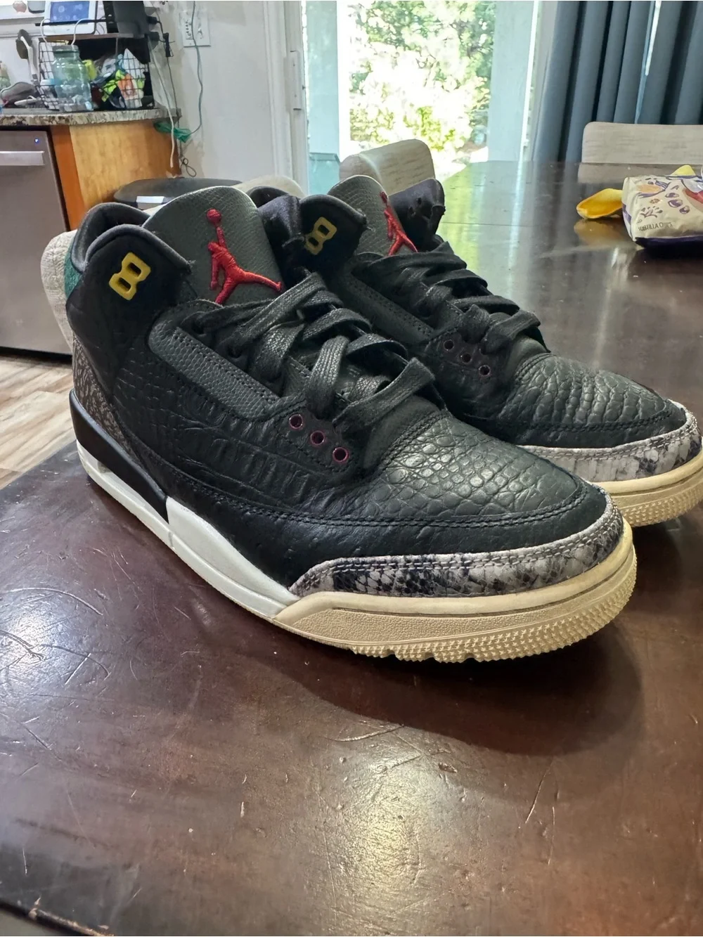 Men's Jordan 3 Black Cat Basketball Sneakers with Green & Yellow Accents